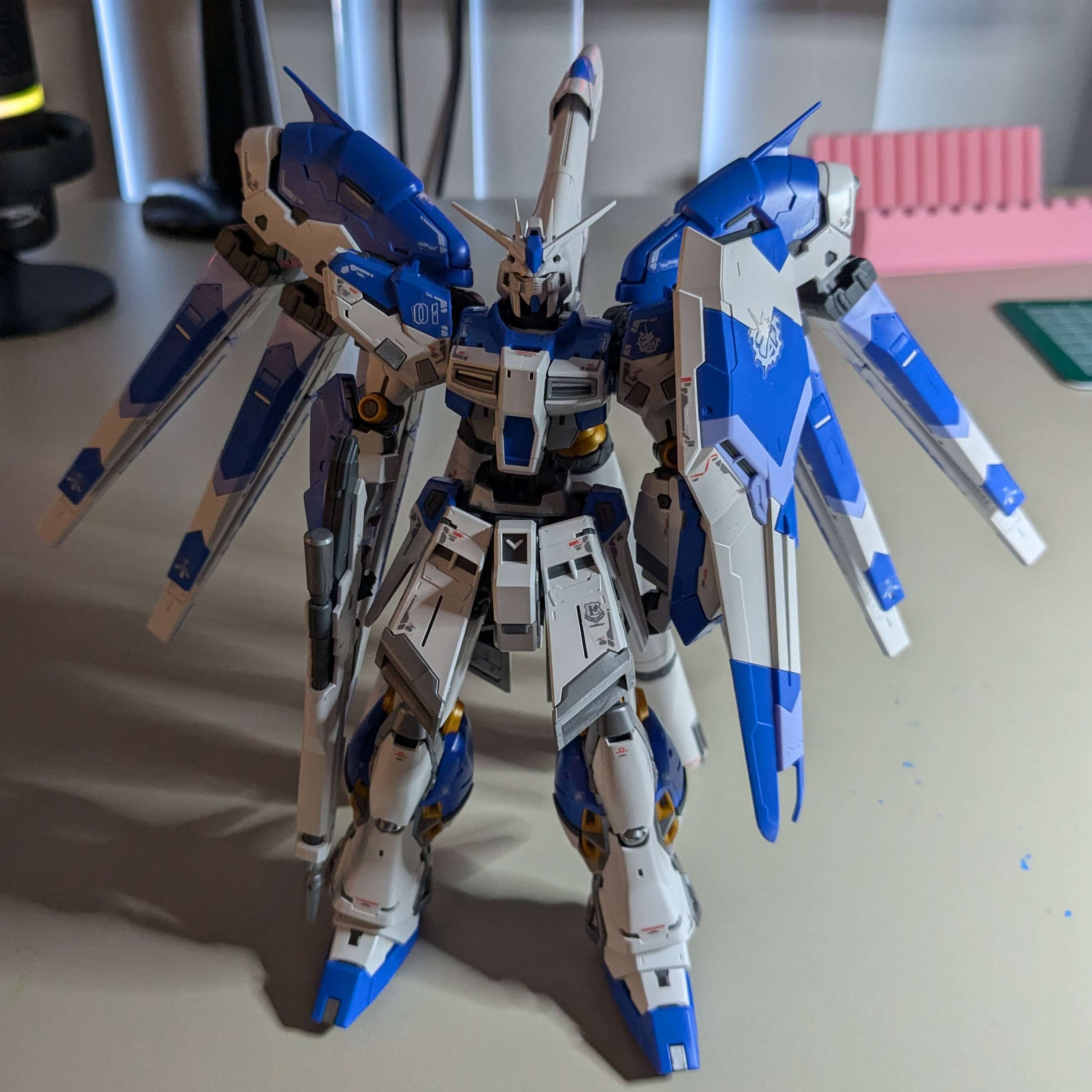 Assembled and decaled Hi Nu Gundam model kit